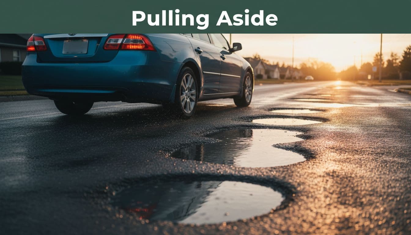 Blue family sedan drifting left on a straight suburban road lined with potholes, captured in side profile from behind at low angle on wet asphalt reflecting streetlights during golden hour evening light. wheel alignment