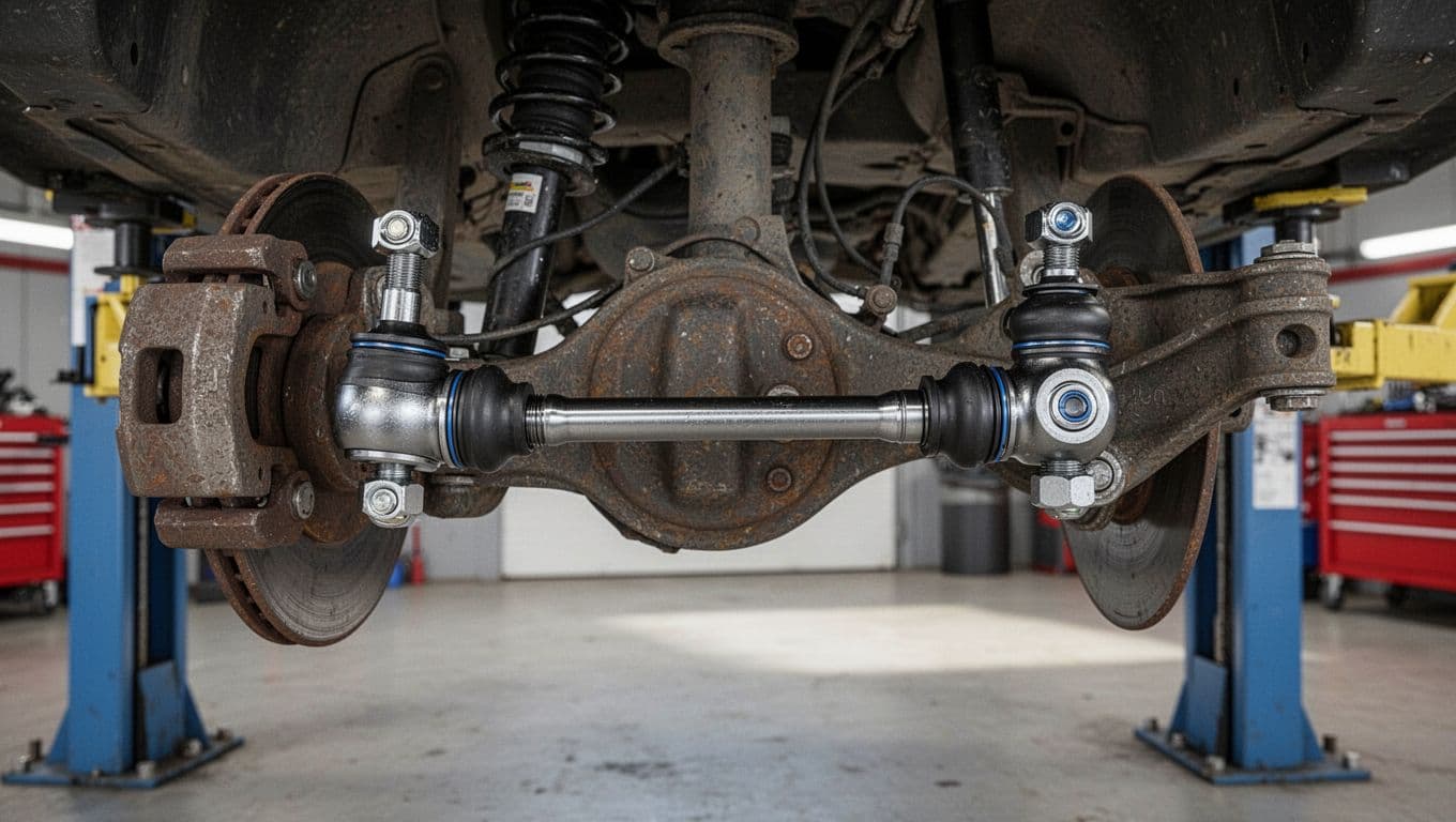 Close-up of car's front suspension showing inner and outer tie rod ends connected to steering knuckle and control arm on a lift.