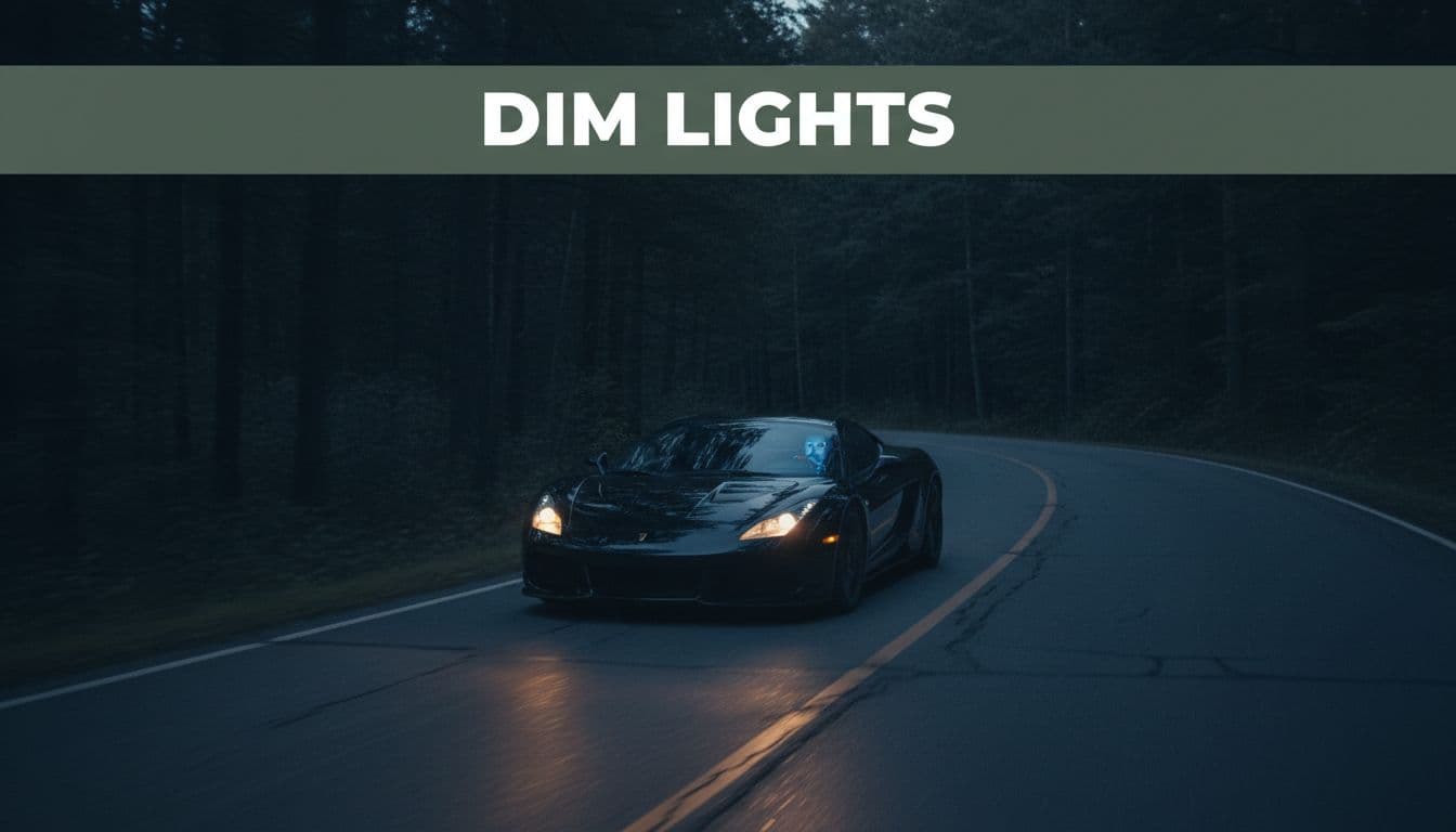 Car driving on a dark rural road at night with dim, flickering headlights weakly illuminating ahead and faint dashboard lights, in moody blue-black tones with subtle motion blur. failing alternator signs
