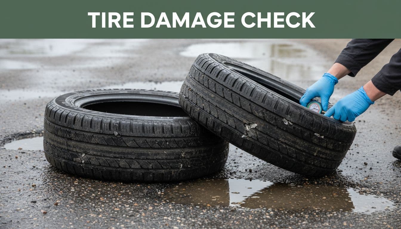 Close-up of car tires damaged by potholes on a wet Wisconsin road, featuring uneven tread wear, sidewall bulges, and cuts, with a mechanic's gloved hands checking tire pressure using a gauge in spring morning light. spring car care checklist