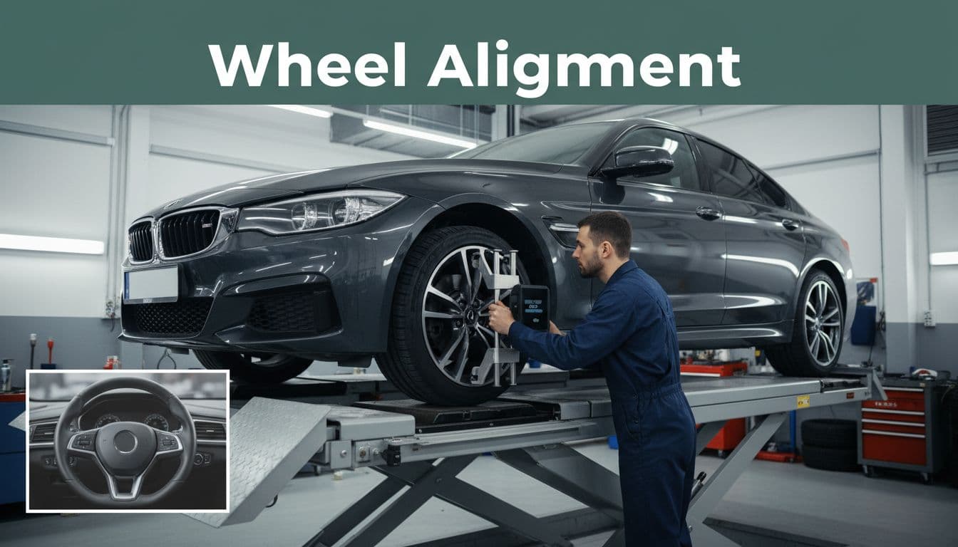 Green band headlines 'Wheel Alignment'; mechanic adjusts suspension on car rack with misaligned wheels and steering shake inset. steering wheel shakes