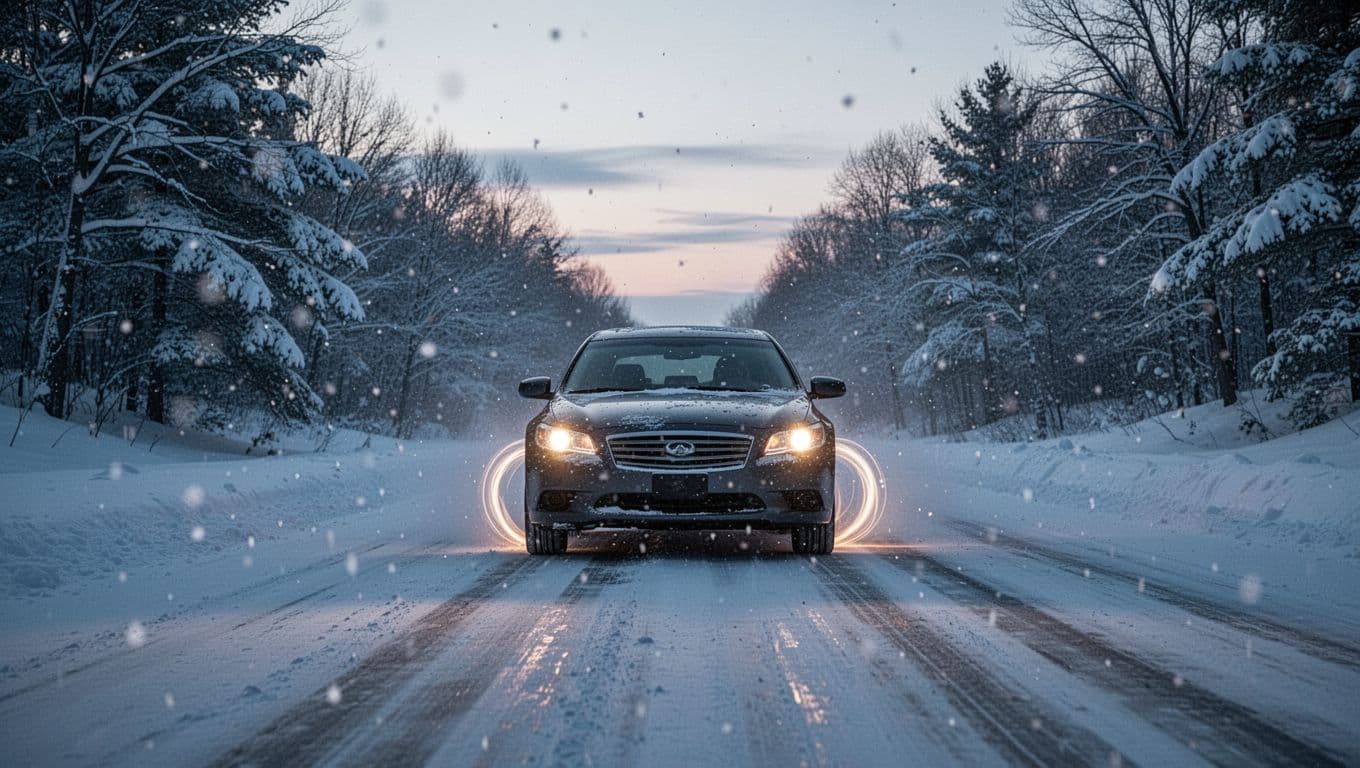 Car braking on snowy Wisconsin road at dusk with ABS glowing wheel effects and 'ABS in Action' headline.