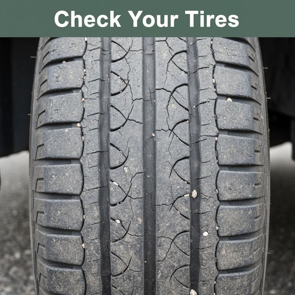 A close-up view of a car tire sidewall showing visible age-related cracking.