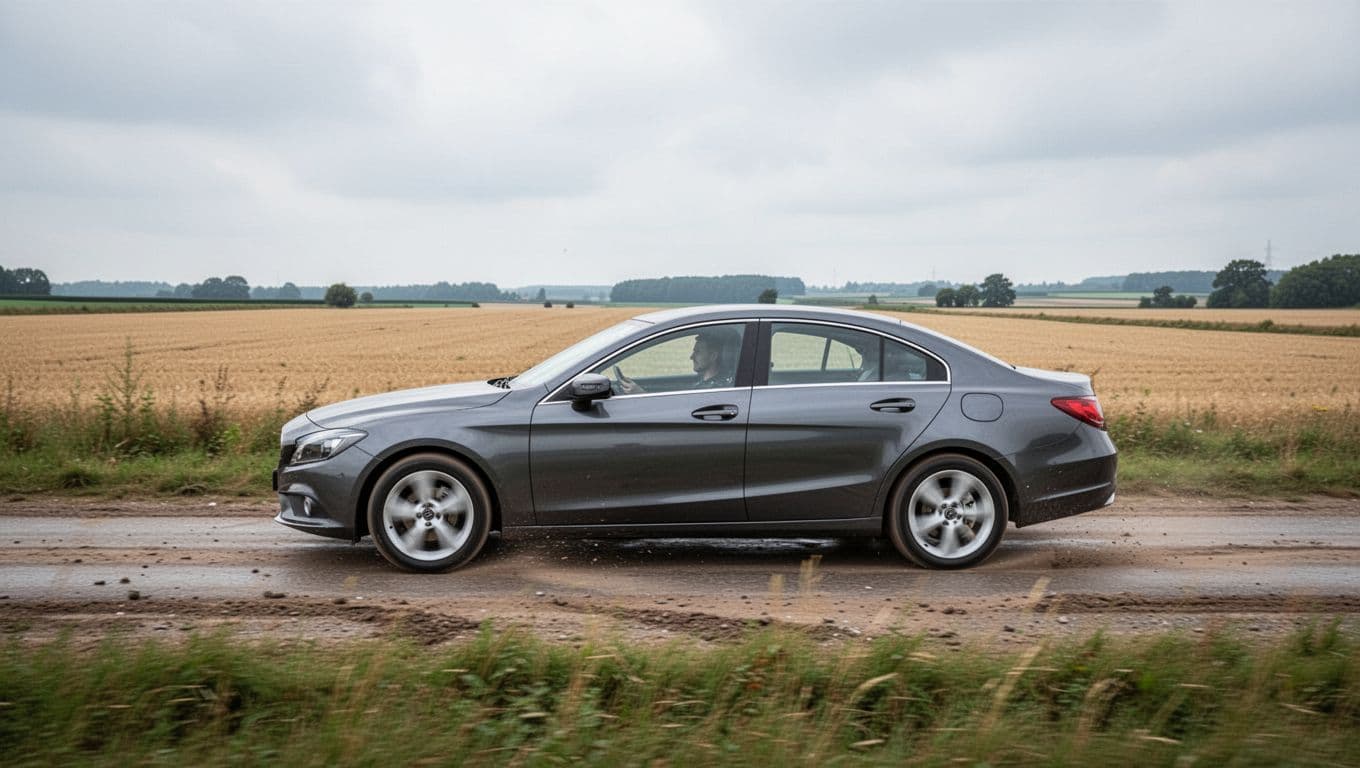 Side profile sedan on bumpy country road with misaligned front wheels and motion blur, Key Symptoms headline in top green band, fields background.