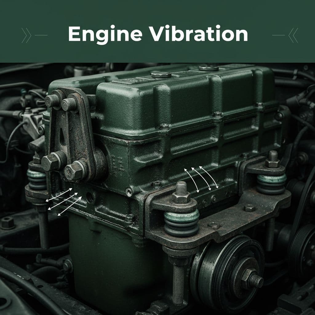 A close-up of an engine block and metal mounting hardware set against a dark green theme.