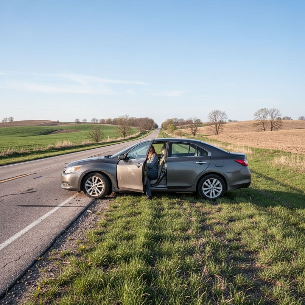 A vehicle is parked on the grassy shoulder of a quiet Wisconsin road on a clear day.