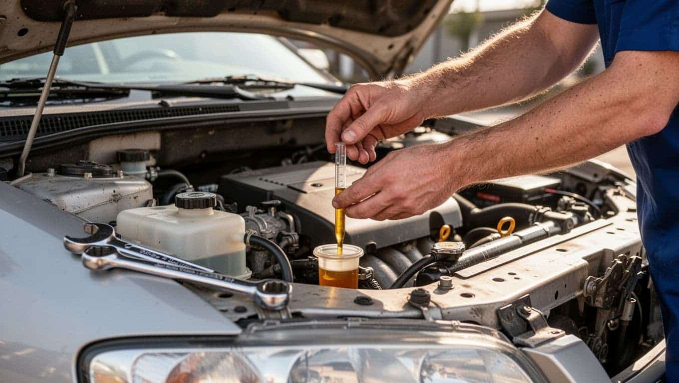 Mechanic's hands check low power steering fluid reservoir under open sedan hood on sunny day, tools on fender, 'Check Fluid' banner at top.