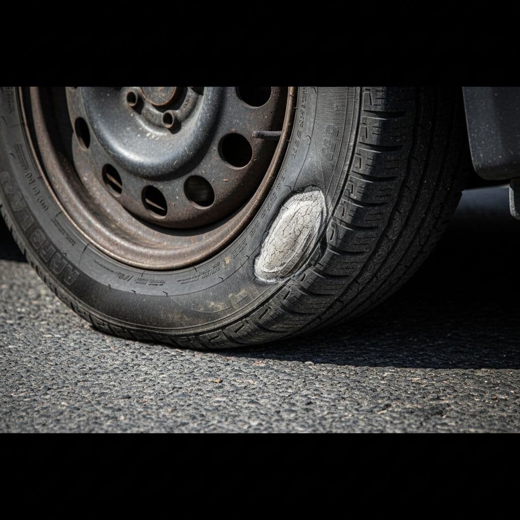 A close-up shot of a black rubber tire resting on dark asphalt, revealing a prominent, dangerous bulge on the sidewall. The bright, harsh natural sunlight casts sharp shadows across the surface.