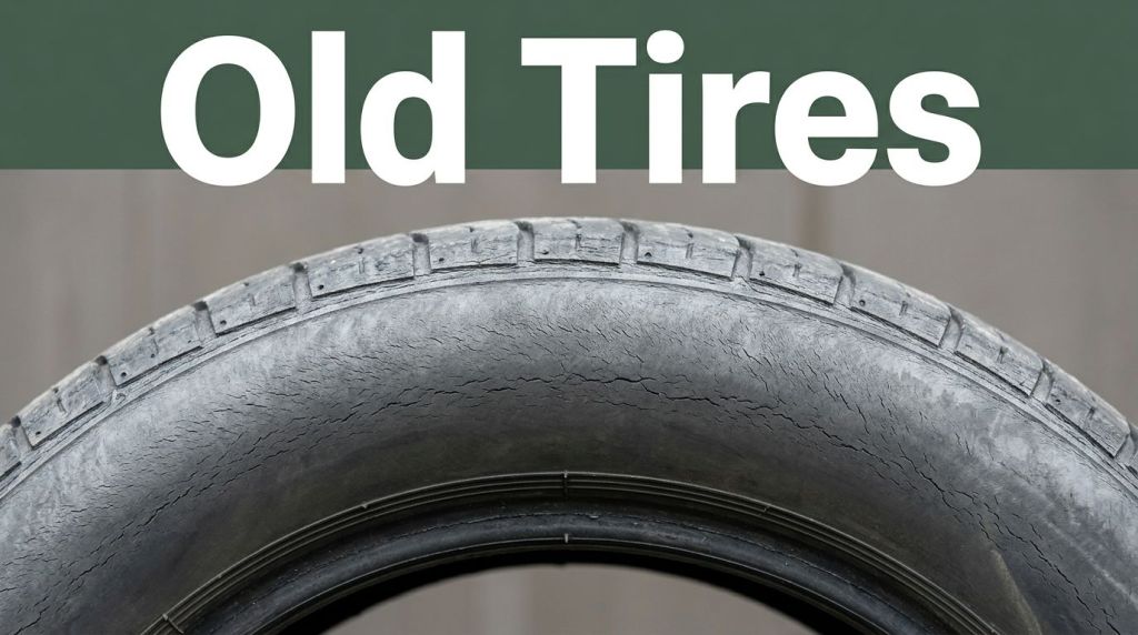 Close-up of a worn, cracked tire with a green banner reading 'Old Tires' on top