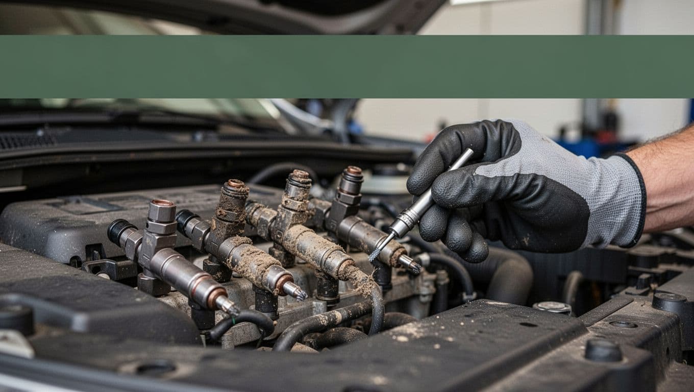 Dark-green band with 'Fuel System Faults' headline above close-up of car's dirty fuel injectors and gloved hand with cleaning tool.