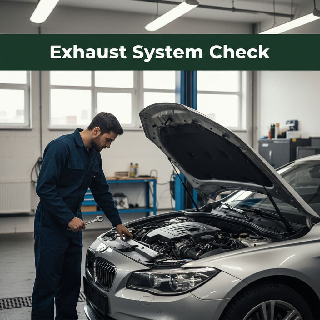 A professional mechanic inspects an open car engine in a bright, modern repair garage.