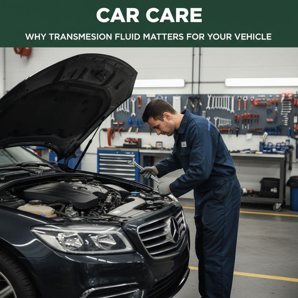 A focused mechanic in a pristine uniform leans over an open car engine while holding a silver wrench. The bright repair shop features an organized environment with a dark green accent banner.