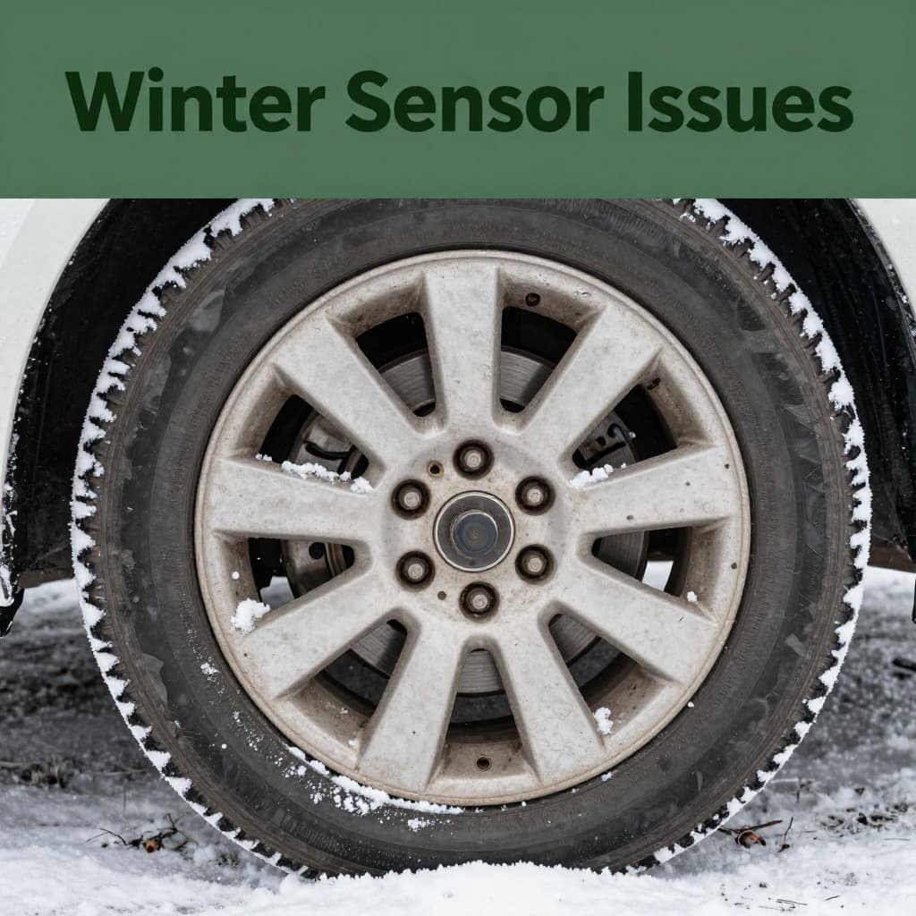 Closeup of wheel speed sensor caked in snow, salt, and grime on winter tire, rusty brakes nearby, dark-green headline band at top.