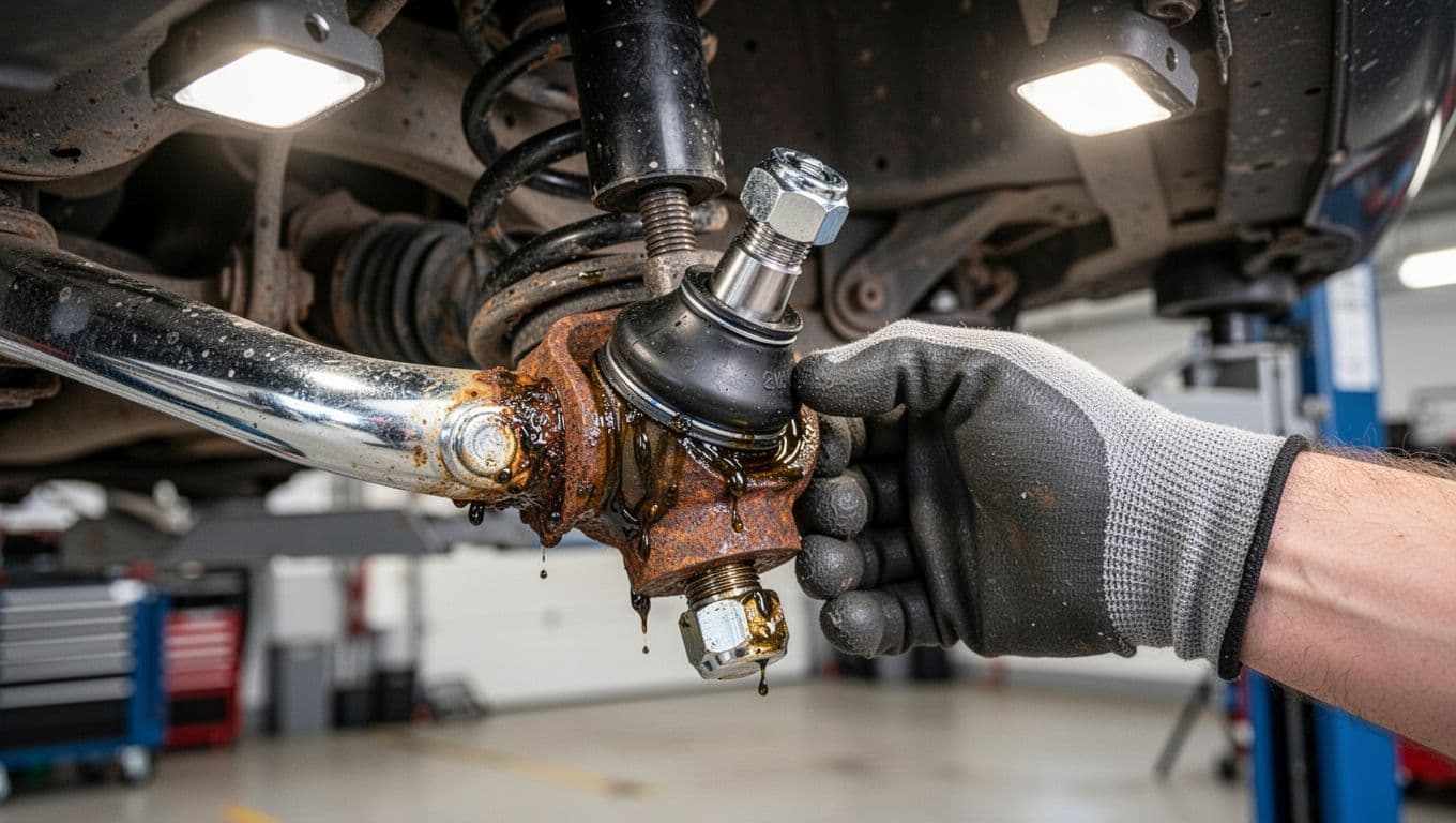 Close-up of rusty, leaking lower ball joint on car suspension with mechanic's gloved hand testing looseness under dark-green 'Worn Ball Joint' headline band.