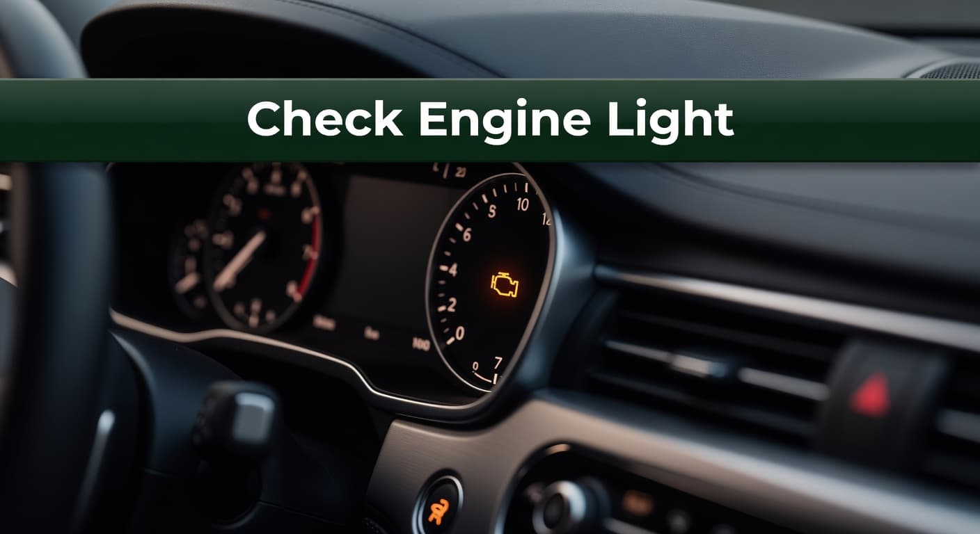 A close-up view of a modern vehicle dashboard features an illuminated amber warning light. Soft interior lighting surrounds the indicator against a dark green accent panel with bold white sans-serif text.