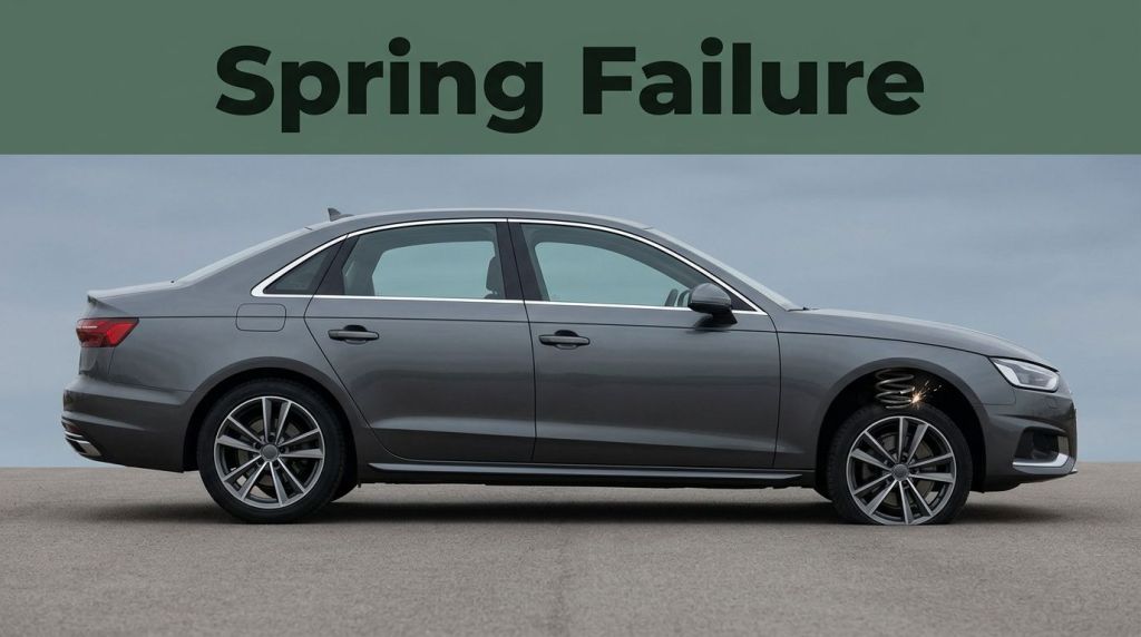 Side view of a gray sedan parked on a flat surface with a green banner that reads 'Spring Failure' above it