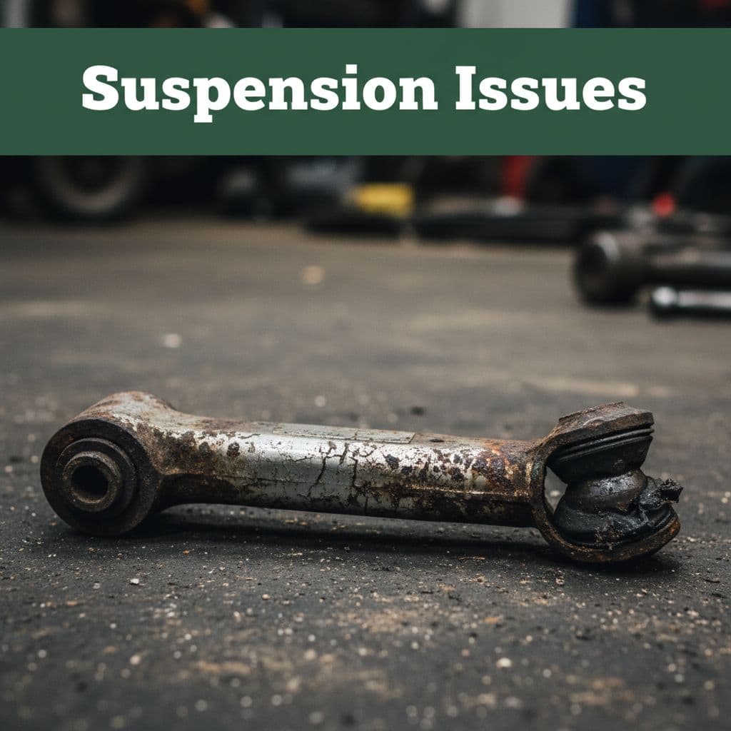 A close-up view of a rusted and corroded metal suspension link resting on a dark garage floor. The industrial metal surface shows deep pitting and heavy wear from automotive use.