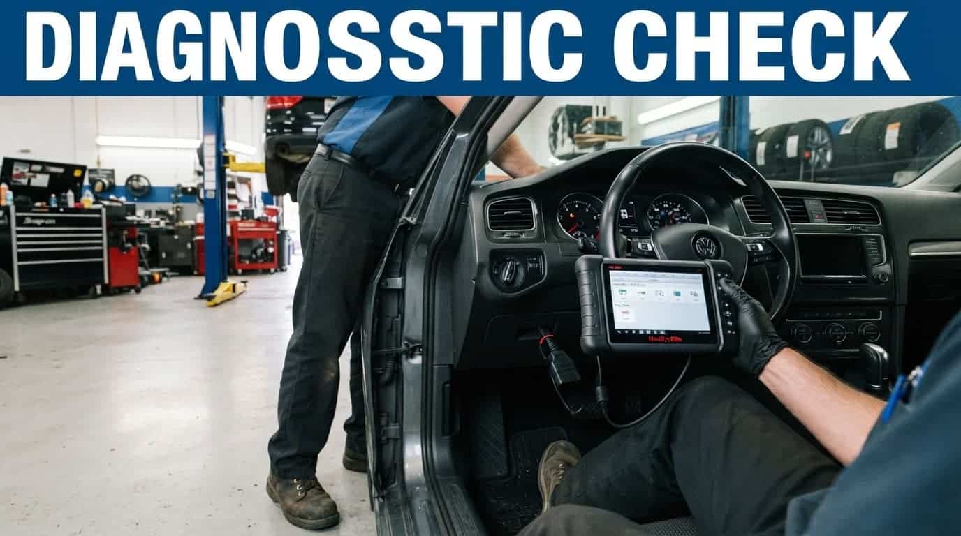 Mechanic using a diagnostic scanner beside a car in a bright garage.