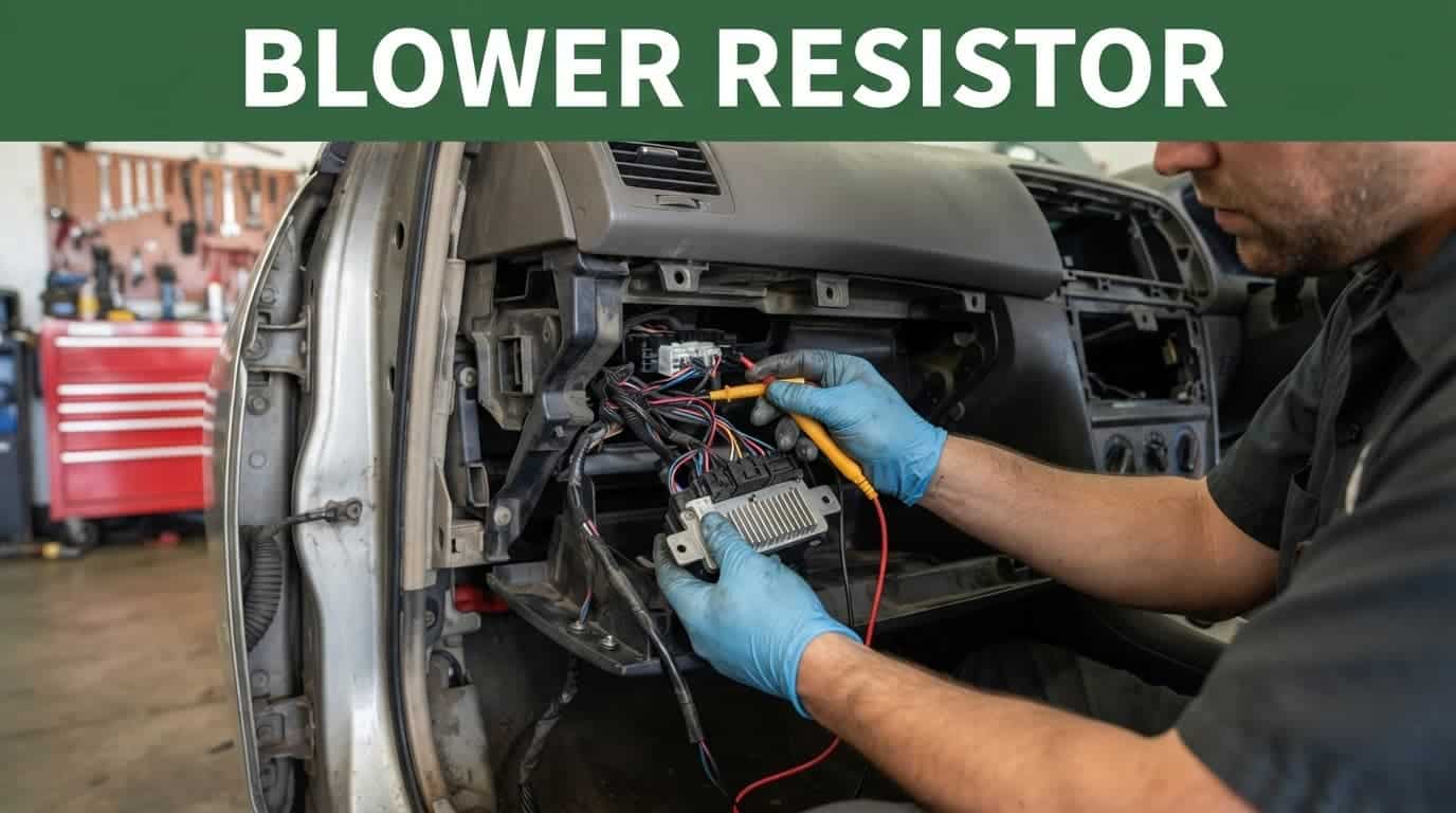 Mechanic inspecting HVAC wiring and a resistor near the glove compartment.