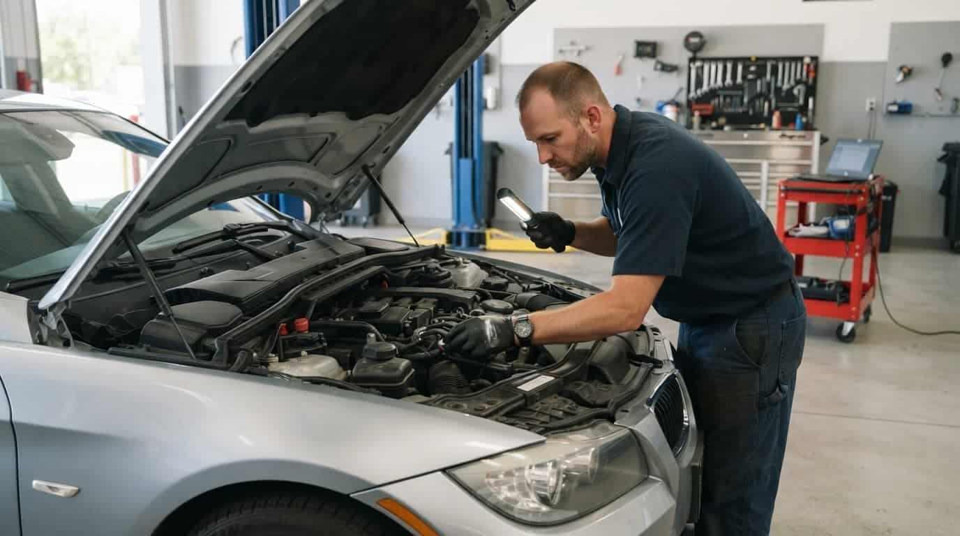A mechanic inspects an open car engine in a clean repair shop.