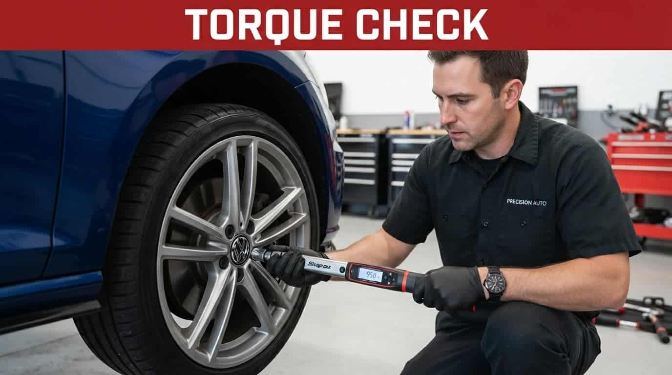 Mechanic using a digital torque wrench on an alloy car wheel.