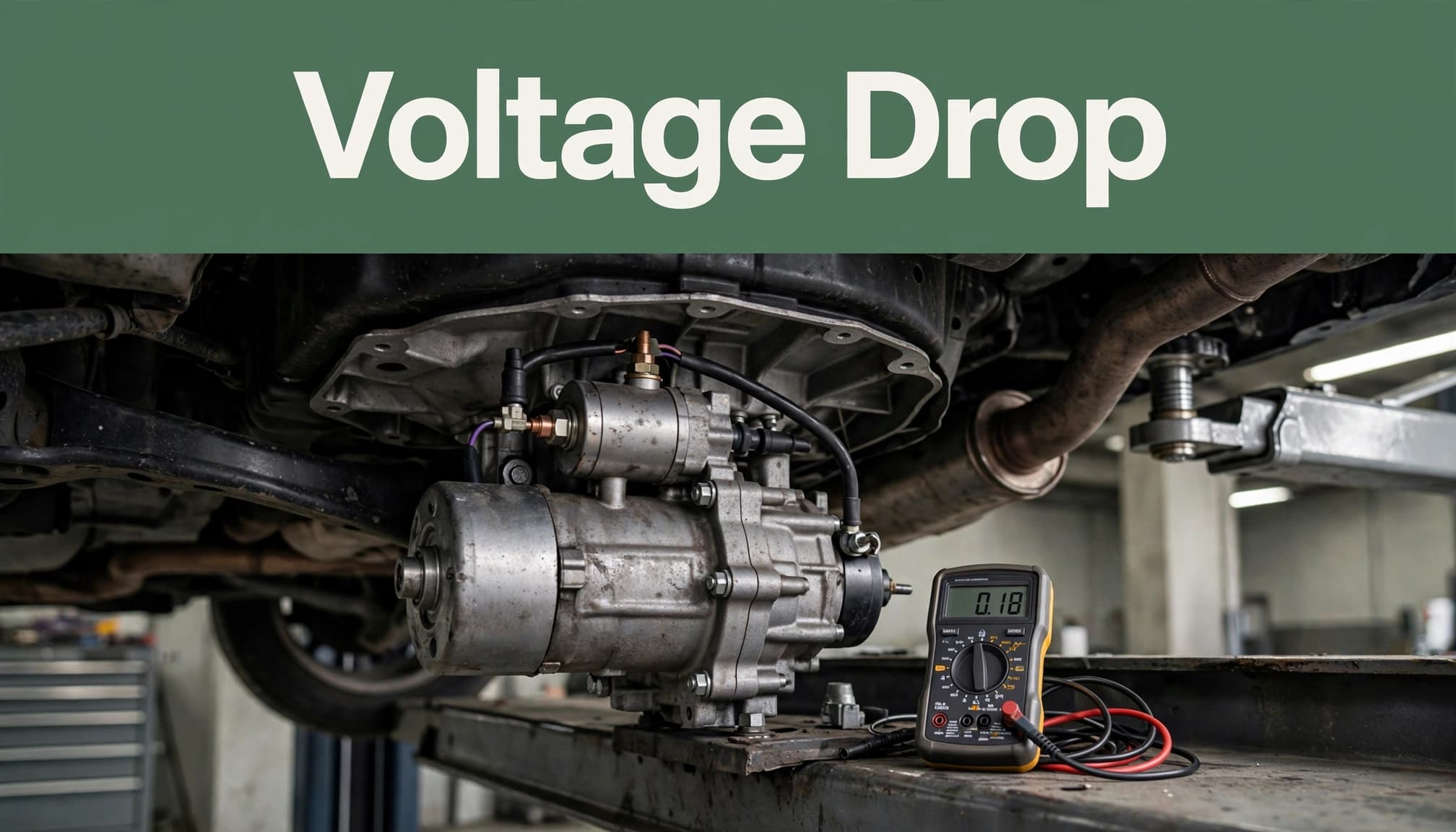 A starter under a lifted car sits beside a digital multimeter beneath a Voltage Drop headline.