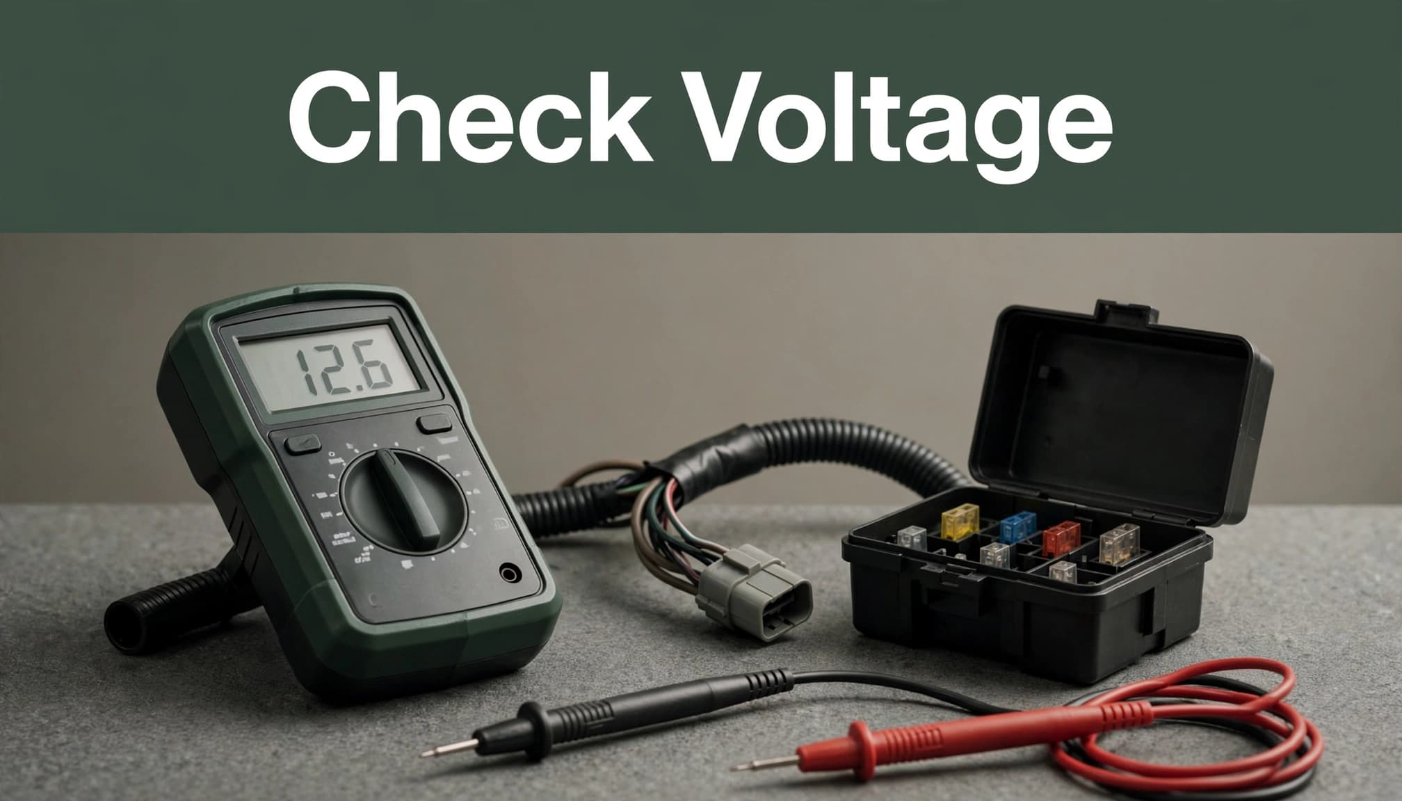 Multimeter beside an ignition wiring harness and fuse box.