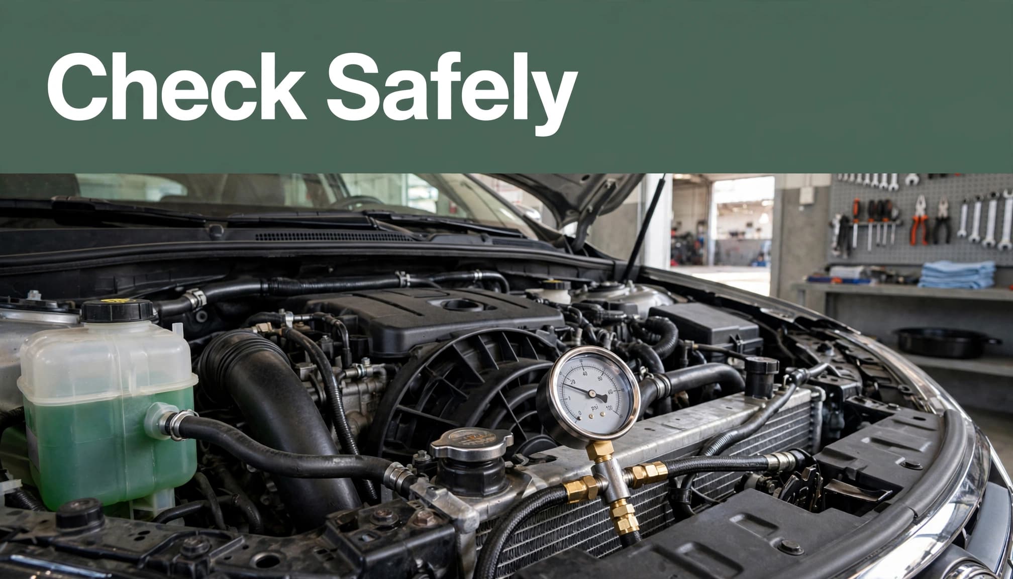 Pressure gauge connected near a radiator cap in a clean engine bay.