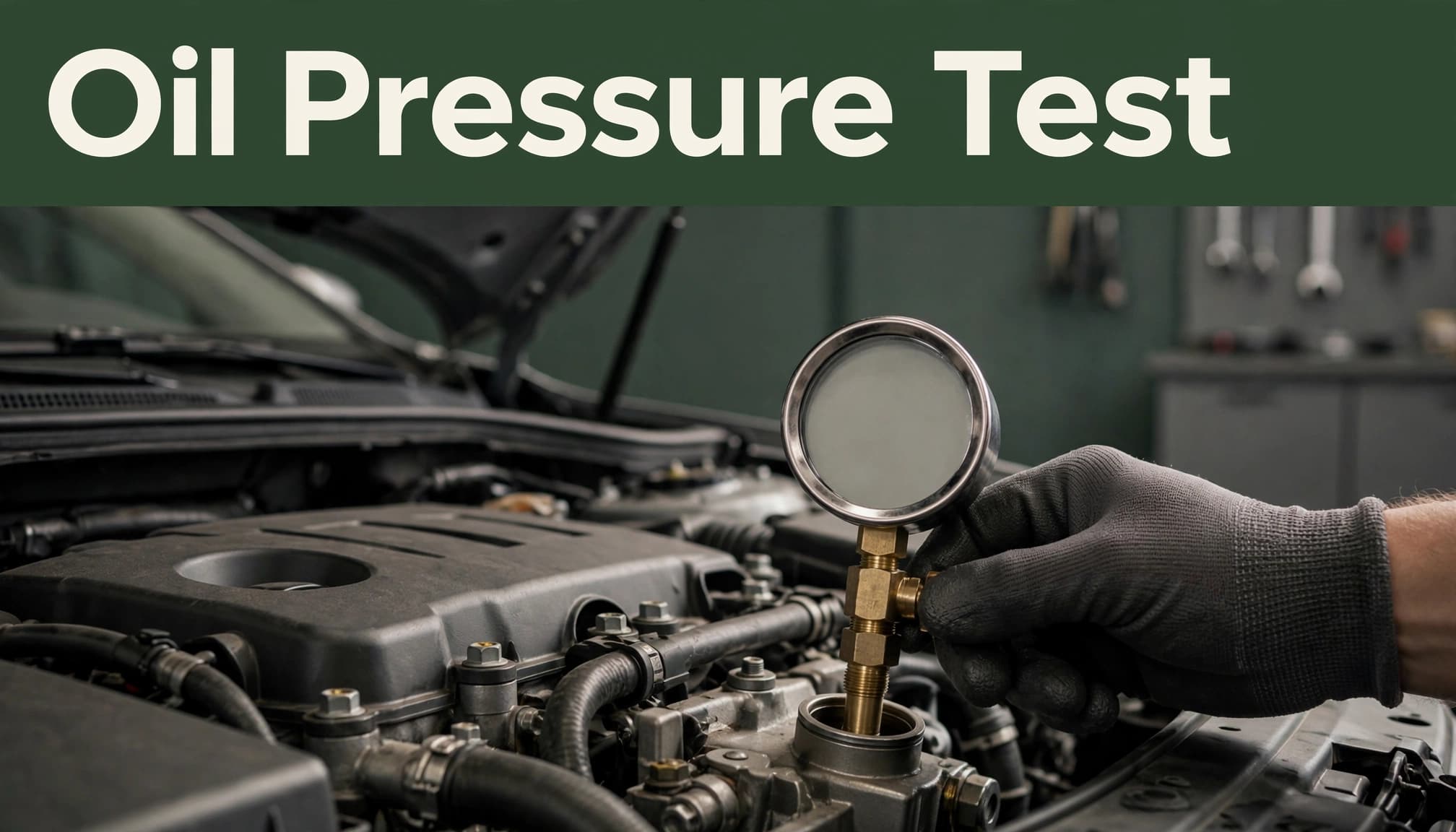 A gloved hand connects an oil pressure gauge to an engine beneath an open hood.
