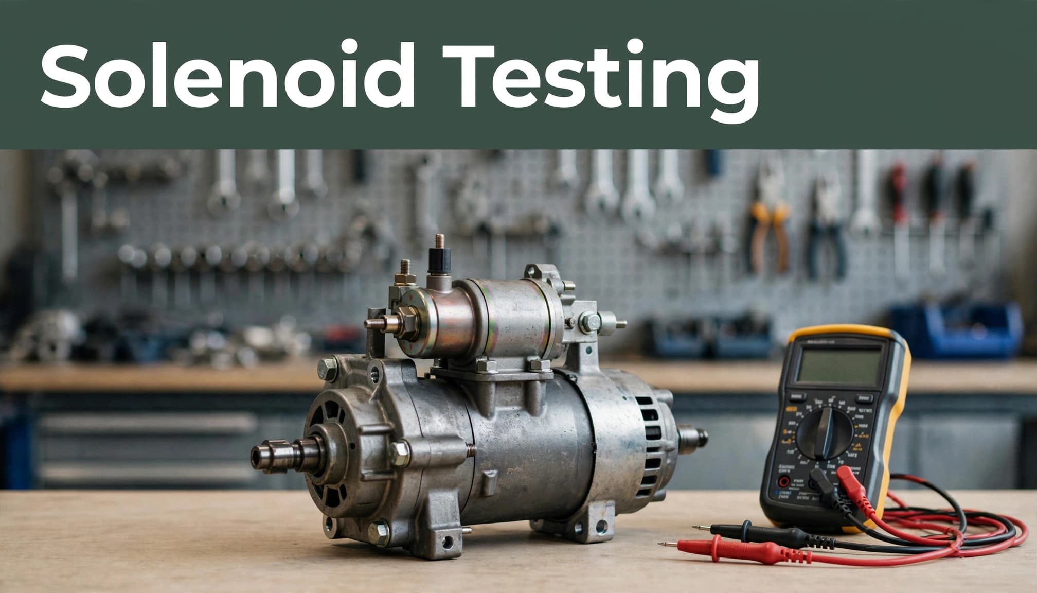 A starter assembly and solenoid sit on a workbench beside a multimeter and test leads.