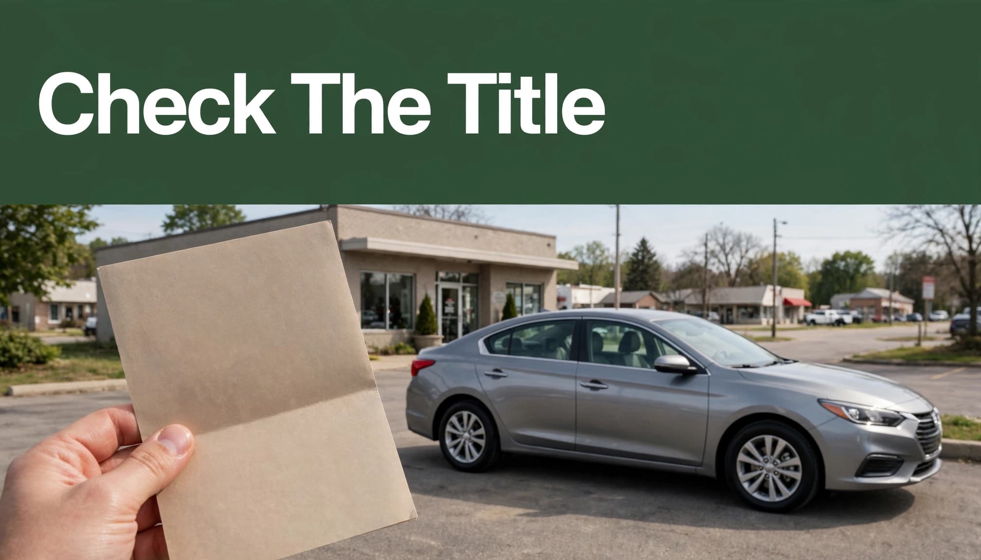 A hand holds a vehicle document beside a clean car at a Wisconsin dealership.